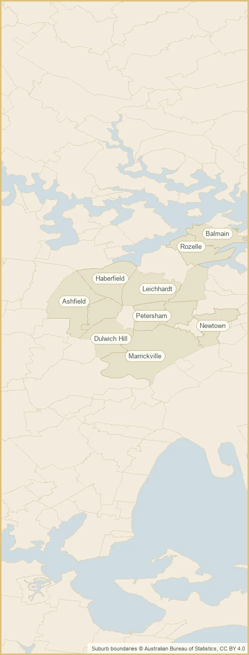 Map of the the Inner West plumbing service area, covering Leichhardt, Marrickville, Newtown, Balmain, Ashfield, Annandale, Petersham, Stanmore, Dulwich Hill, Haberfield, Summer Hill and Rozelle