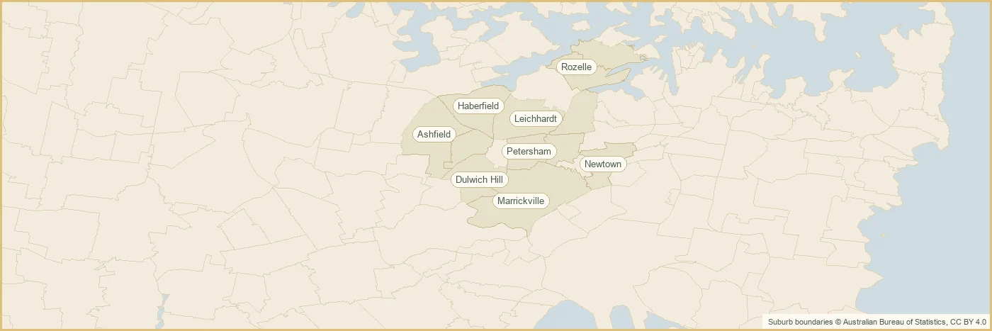 Map of the the Inner West plumbing service area, covering Leichhardt, Marrickville, Newtown, Balmain, Ashfield, Annandale, Petersham, Stanmore, Dulwich Hill, Haberfield, Summer Hill and Rozelle